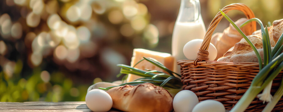 Assortment of farm-fresh dairy and produce on a rustic wooden table, milk, cheese, eggs, bread, and green onions. Banner with copy space for promoting organic food markets, and local farm products.