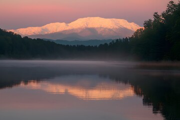 Fototapeta premium Sunrise bathes the tranquil lake in warm, golden light