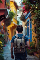 Obraz premium man with a backpack on vacation walking through the streets of a small colored town