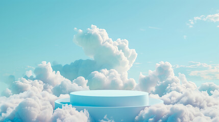 3d render of a light blue podium in the sky surrounded by clouds for product display