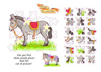 Can you find three puzzle pieces that fell out of picture? Logic game for children. Page for kids brain teaser book. Task for attentiveness. Developing spatial thinking. Flat vector illustration.