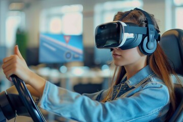 Girl wearing virtual reality glasses in driving school - obrazy, fototapety, plakaty