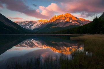 Sunset bathes lake and mountains in golden hues for wallpaper - obrazy, fototapety, plakaty