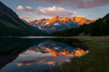 Sunset bathes lake and mountains in golden hues for wallpaper - obrazy, fototapety, plakaty