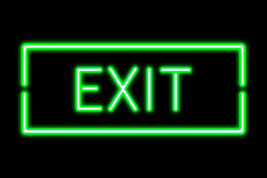 Neon effect with exit text. "Exit" sign in green illuminated neon.