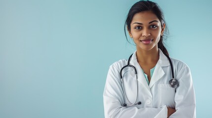 Fototapeta premium An Indian young female doctor isolated on light blue background. Generated by artificial intelligence.