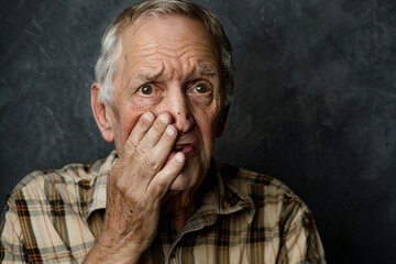 embarrassed senior man covering mouth with hands - obrazy, fototapety, plakaty