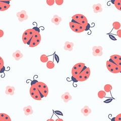 Ladybug with cherry and flower seamless background. Kid design. Vector illustration.