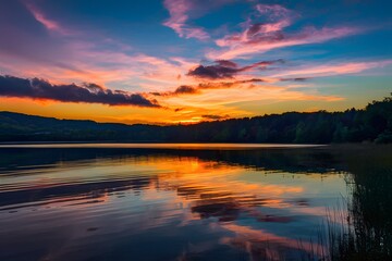 Fototapeta na wymiar Sunset sunrise summer landscape with colorful clouds over lake