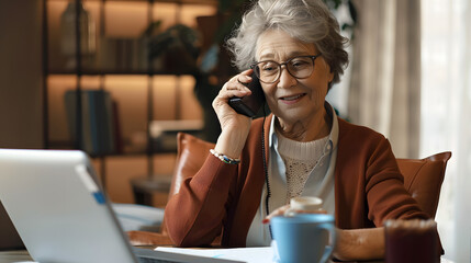 Happy senior freelancer business woman talking on telephone call on speaker, sending voice message on smartphone, typing on laptop. Busy elder lady using digital devices for communications at home