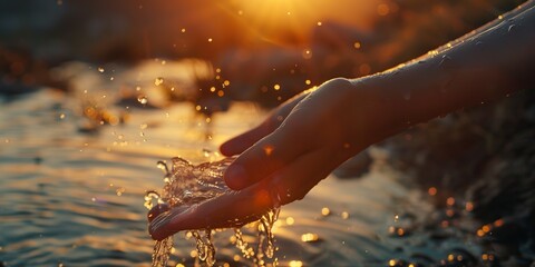 female hand holding water at sunset