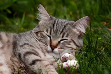 Naklejka na ściany i meble Sweet and cute cat enjoys a peaceful slumber in photo