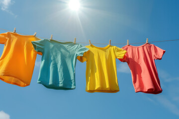 colorful t-shirts hanging on a clothesline against blue sky with sun