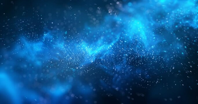 Mystical blue particles background. Fluid, dyamics, wavy blue color shimmering glowing grain dust mist texture liquid paint splash motion, Generative AI