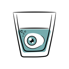 human eyeball floating in a glass of water. Hand drawn cartoon vector illustration isolated on white background.