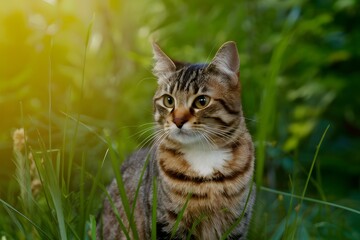 Obraz premium Tabby cat enjoys outdoor freedom, basking in natural surroundings
