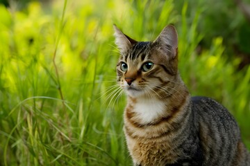 Naklejka na ściany i meble Tabby cat enjoys outdoor freedom, basking in natural surroundings