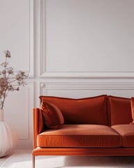 Elegant terracotta velvet sofa in a minimalist interior with wainscoting
