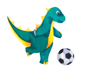 Cute Baby watercolour sport Dinosaur with soccer football ball. Sports equipment. Hand drawn illustration blue green and yellow isolated on white.
