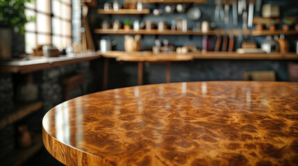 Fototapeta premium newly made table with a burl wood top in a carpentry workshop