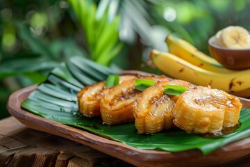 fried plantains on banana leaves delicious tropical dish