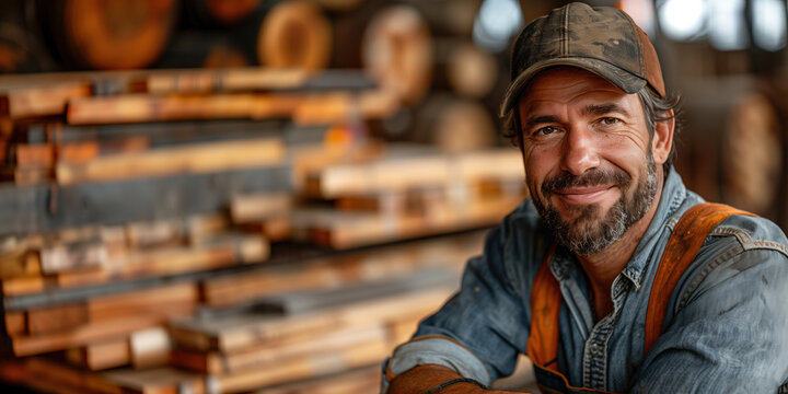 Portrait of smiling mature woodworker in his workshop looking at camera