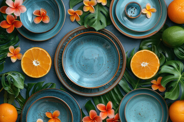 tropical table setting with blue pottery and orange flowers - obrazy, fototapety, plakaty