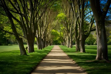 Tranquil footpath winds through picturesque park, inviting leisurely strolls - obrazy, fototapety, plakaty