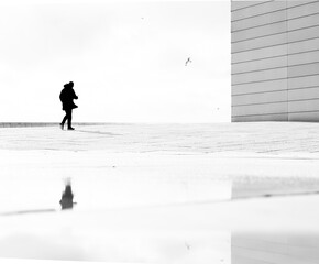 silhouette of a person walking along white architecture - 772581107