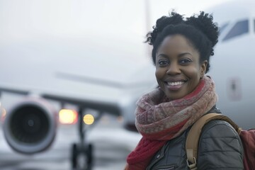 dark-skinned adult woman boarding a plane on the tarmac - obrazy, fototapety, plakaty