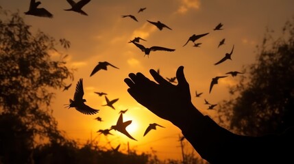 Easter Sunday concept: Silhouette scars in hands of Jesus Christ with birds flying on sunrise - obrazy, fototapety, plakaty