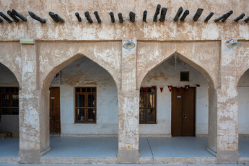 Wakra, Qatar - March 28, 2024: Old buildings architecture in the Wakrah souq (Traditional Market).