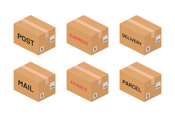Fototapeta premium post mail parcel isometric cardboard box packages set vector flat illustration