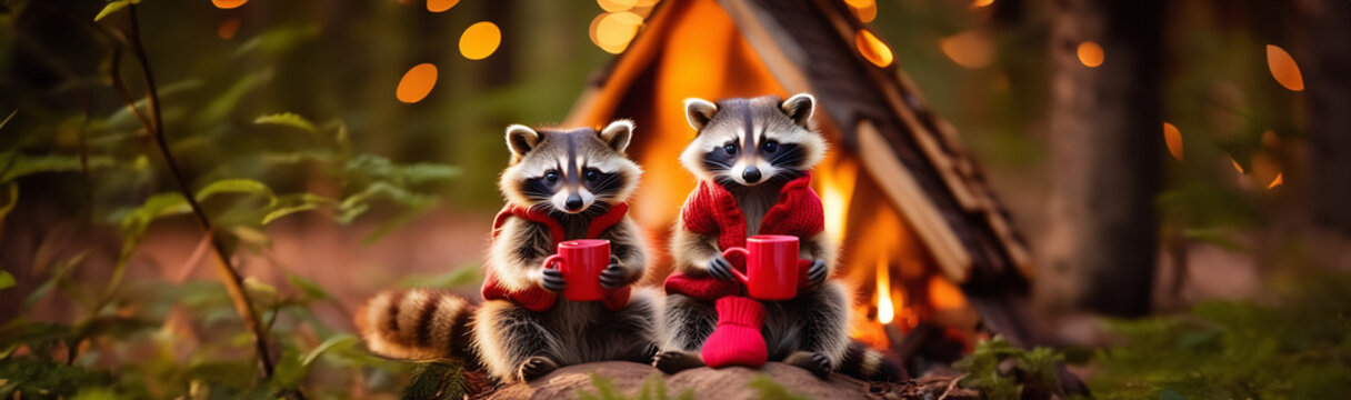 Cute little raccoons are sitting by the fire in Summer Forest. Banner.