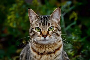 view Close up portrait of striped cat with green eyes and whiskers