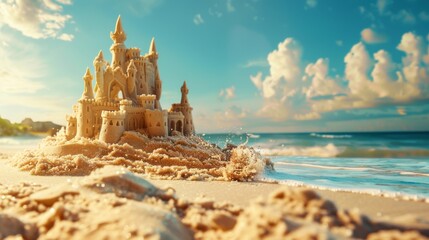 Castle from sand sea shore wallpaper background - obrazy, fototapety, plakaty