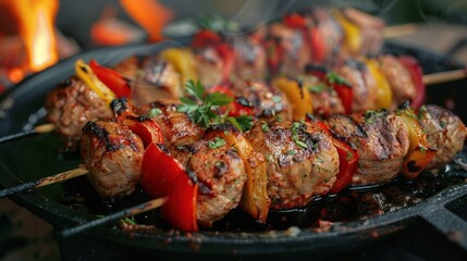 Close up delicious hot kebab food menu restaurant on dark plate. AI generated image