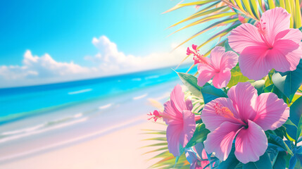 Beautiful tropical summer template design with pink hibiscus flowers over paradise beach background.