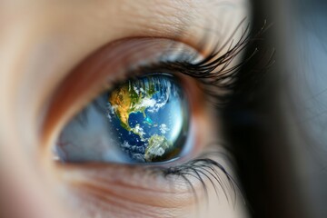Human eye with Earth reflection symbolizing environmental awareness. - obrazy, fototapety, plakaty