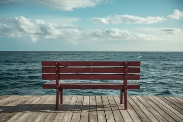 Naklejka na ściany i meble Wooden bench on pier against backdrop of sea, vacation spot