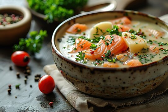 Photo of a bowl with white cream soup, vegetables and salmon on top