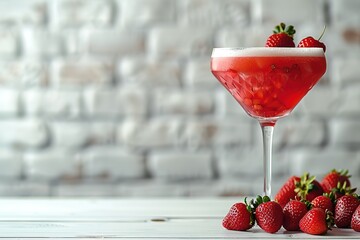 A photo of a strawberry cocktail in a wine glass on a white wooden table with a white brick wall behind it.
