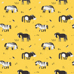 Cute horses walking in the meadow, seamless vector pattern