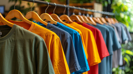 Fototapeta premium Colorful T-Shirts hanging on the rack in the shop. AI.