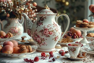 A white porcelain milk jug with pink floral patterns and gold trim, sitting on top of an elegant table adorned with various food items like cookies, dried fruits, candies, and other delicacies