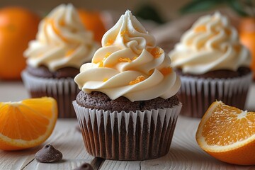 food photography of a chocolate cupcake with orange cream, on a white wooden table
