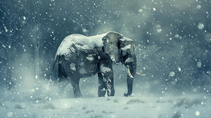 An elephant lost in a snowstorm. An unusual environment for an elephant. - obrazy, fototapety, plakaty