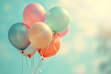 Multicolor balloons with a retro Instagram filter effect, concept of happy birthday in summer and...