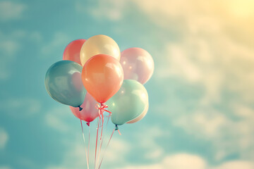 Multicolor balloons with a retro Instagram filter effect, concept of happy birthday in summer and...