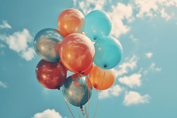 Multicolor balloons with a retro Instagram filter effect, concept of happy birthday in summer and...